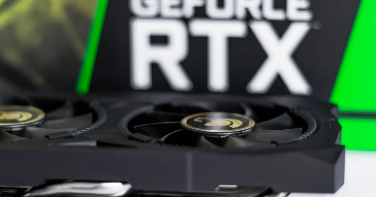 Close-up of a GeForce RTX graphics card with cooling fans